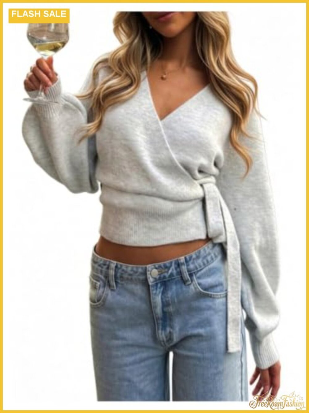 Wrap Sweater Tie Front Crop Cardigan Rib Knit V-Neck Long Lantern Sleeve